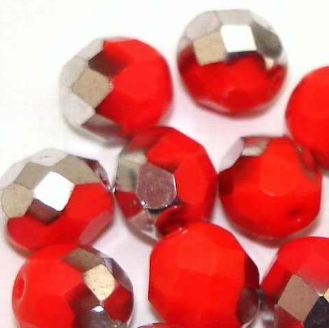 12 geschliffene Glasperlen · Rot Silber 8mm · pe3568