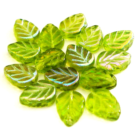 12 Glasperlen Blätter · Olivgrün AB 10x8mm · pe4133