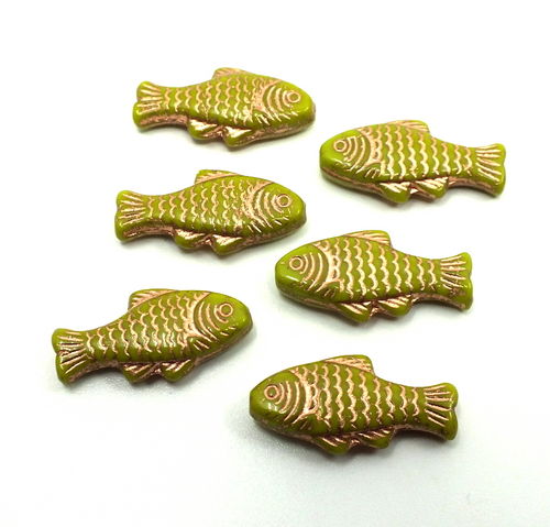 2 Glasperlen Fische · Grün Gold 24mm · pe5503